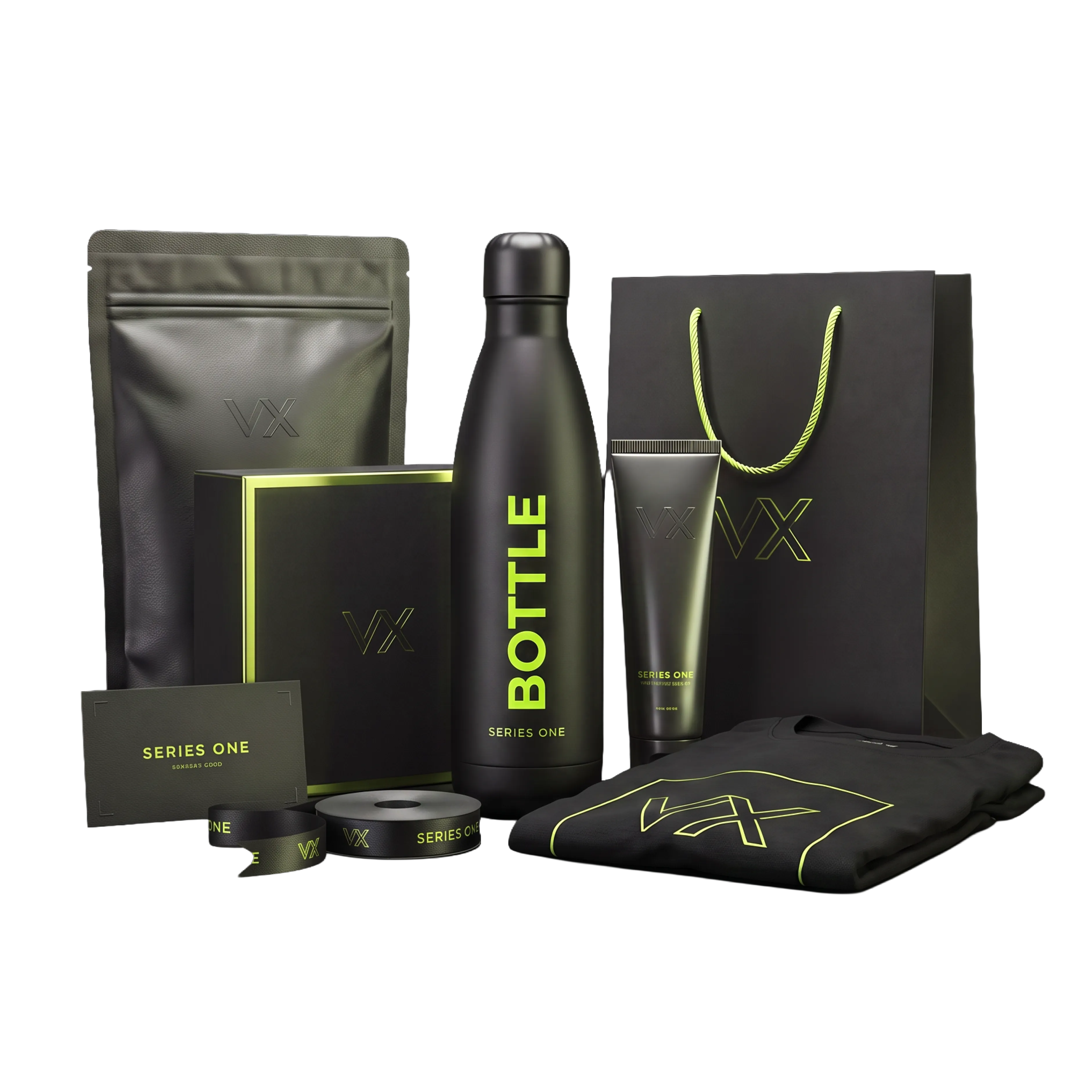 Print and packaging design mockups in neon green and black